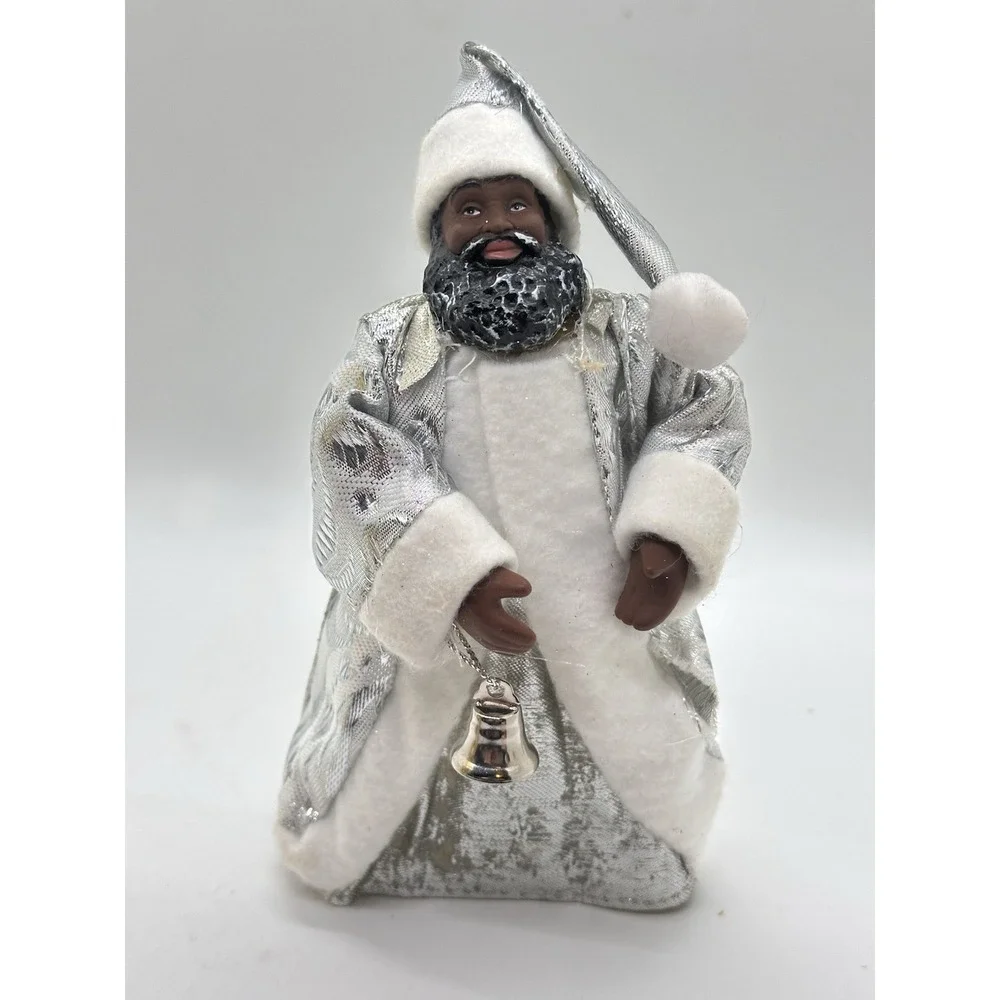 African American Santa Tree Topper Silver‎ Robe Bell Christmas Decor